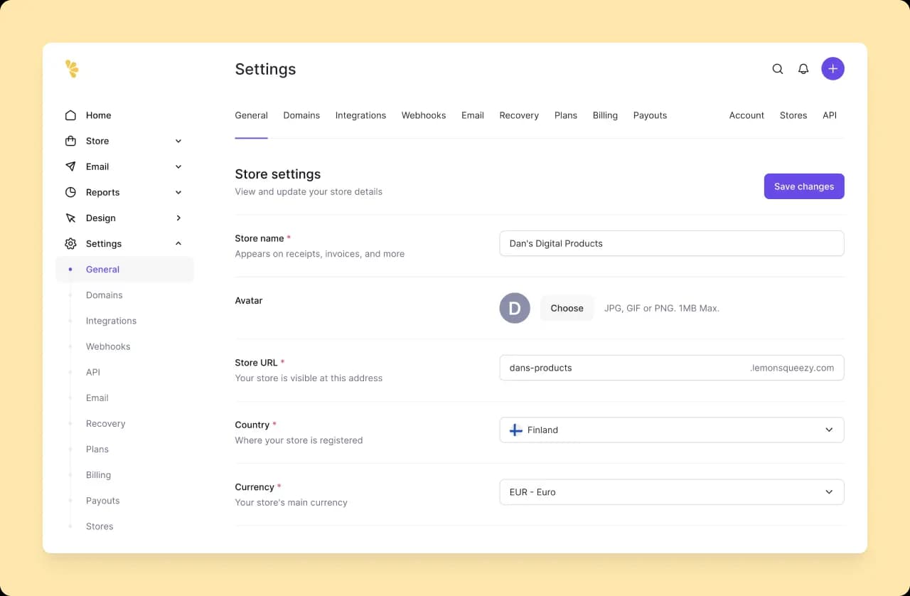 Lemon Squeezy: Dashboard Settings