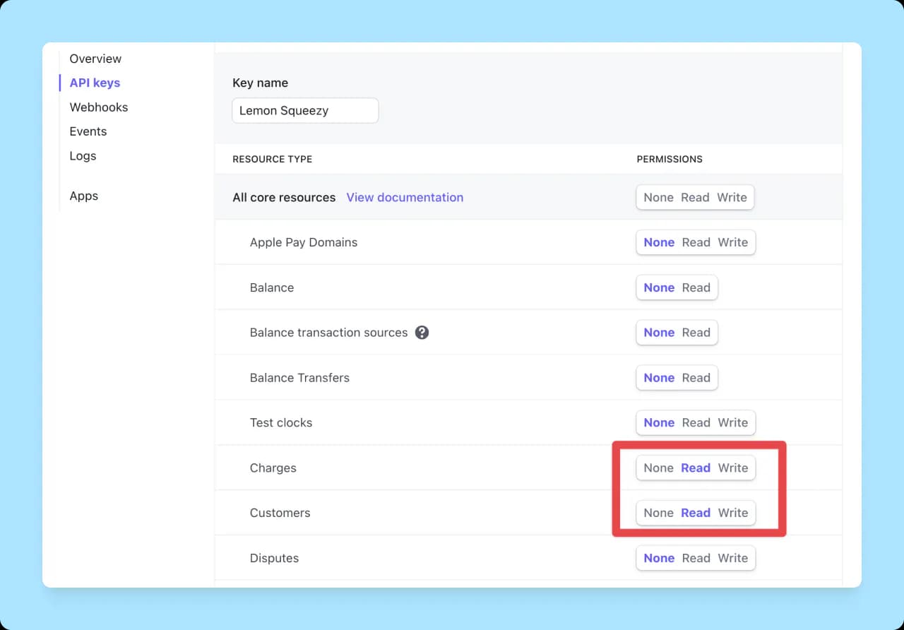 Stripe restricted API permissions
