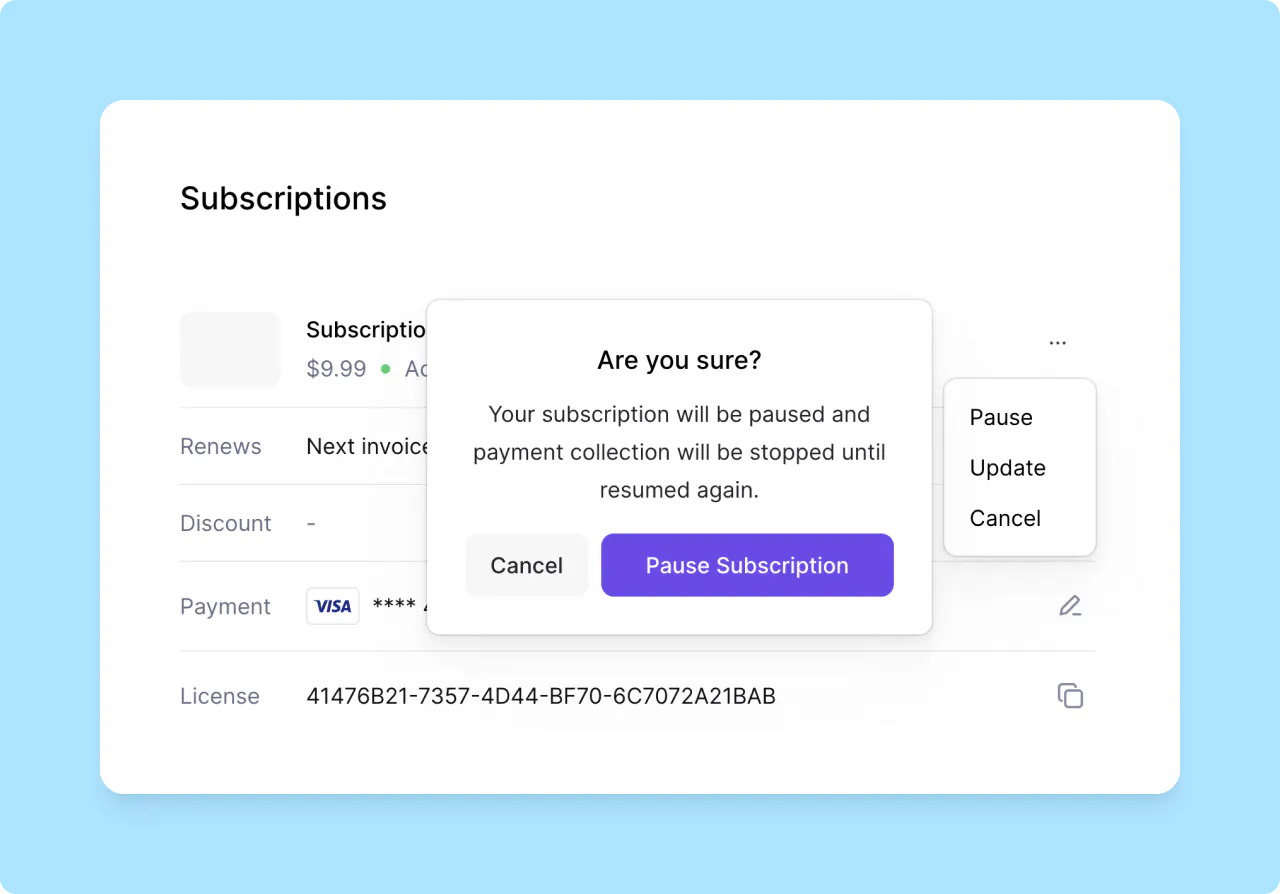Lemon Squeezy: customer portal - pause subscription