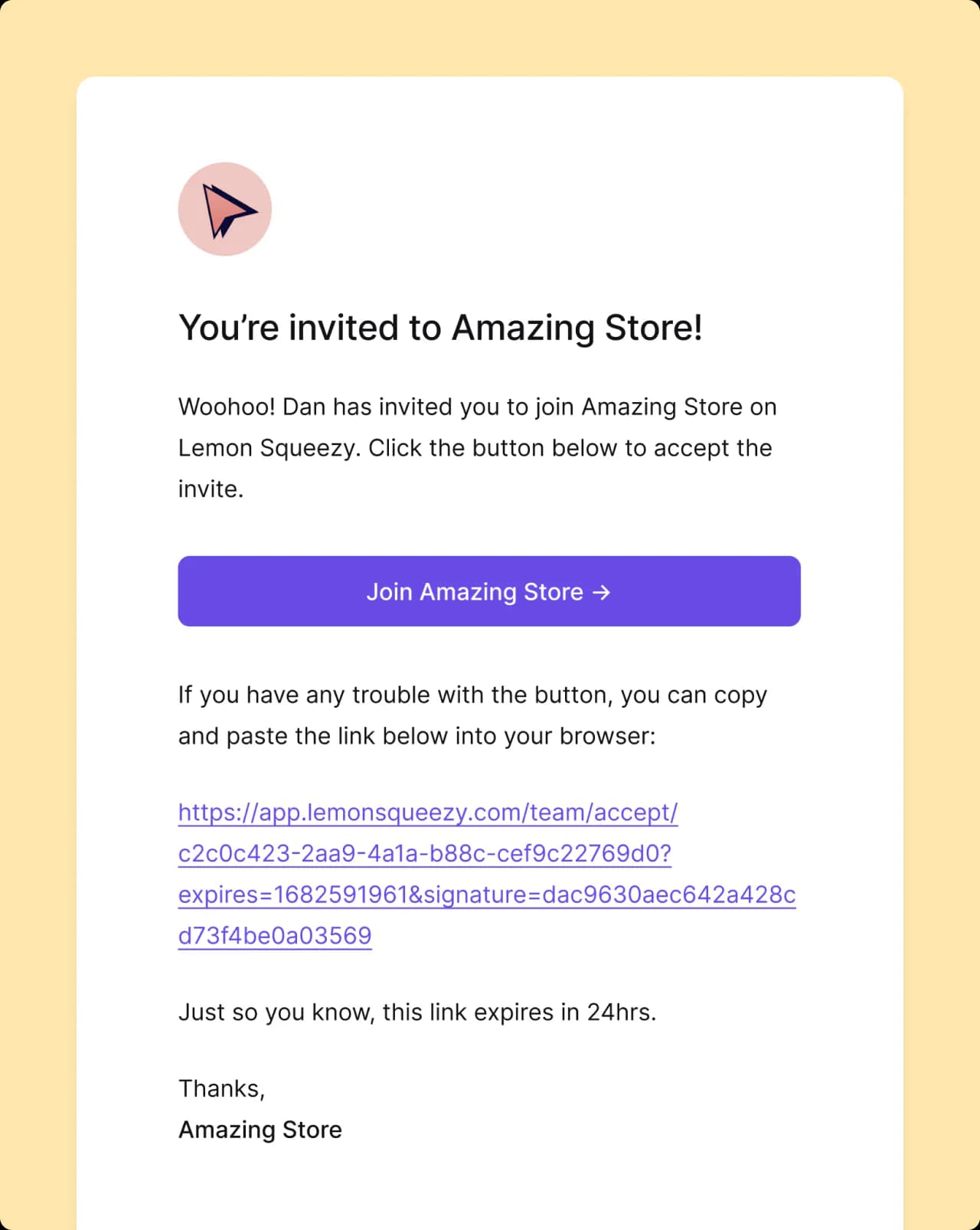 Lemon Squeezy: team member invitation email